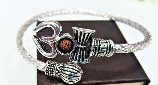 k3 Rudraksha Trishul Damroo Designer Oxidized Silver Bahubali Kada - Image 1