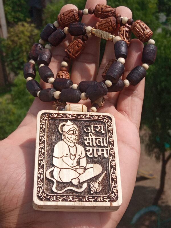 75-600x800 Material Tulsi Deity Name Hanuman Ji Mala Length 20 Inches Carving Name RamShri SitaRam Bhakt Hanuman Pure Tulsi Locket Mala With Handmade Ram Named Carved Tulsi Beads
